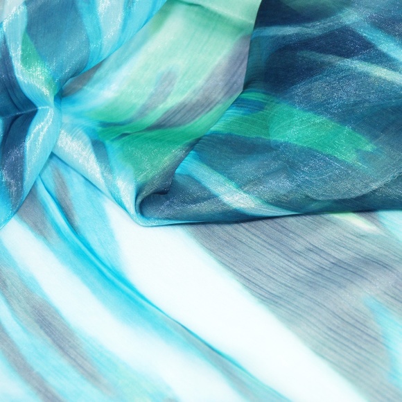 Turquoise Floow Long Scarf 50% Silk - Picture 2 of 3